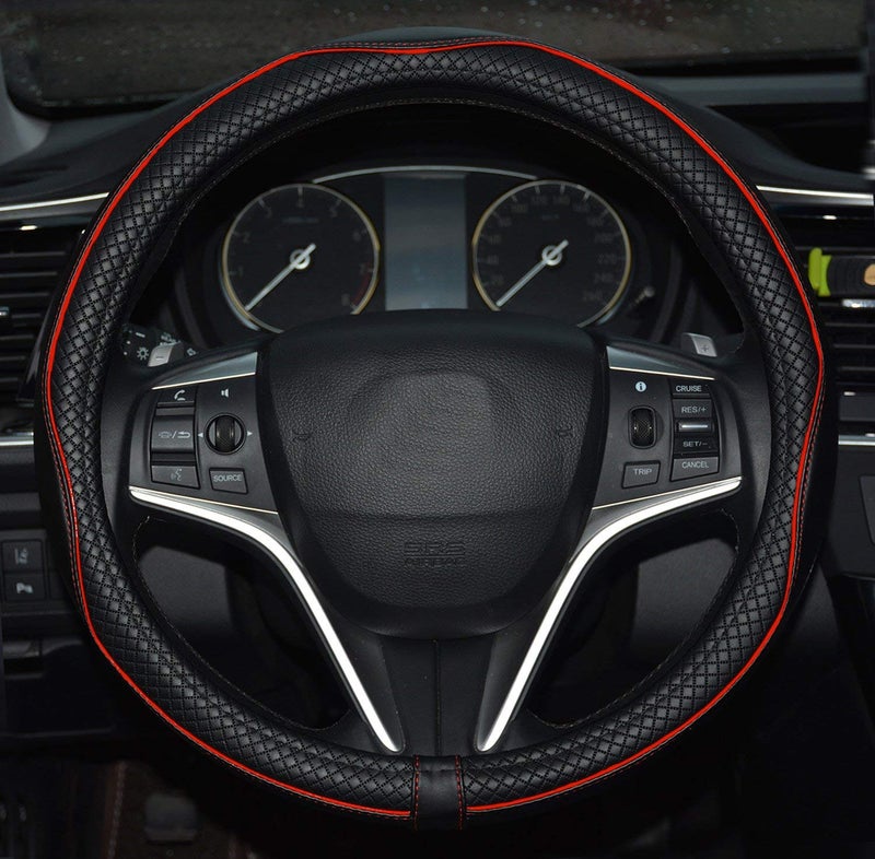 Rueesh Microfiber Leather Car Steering Wheel Cover  Soft Padding  Durable  No Smell  Universal 15 Inch Steering Cover  Anti-Slip Embossing Pattern A  Black with Red Line - Image 1